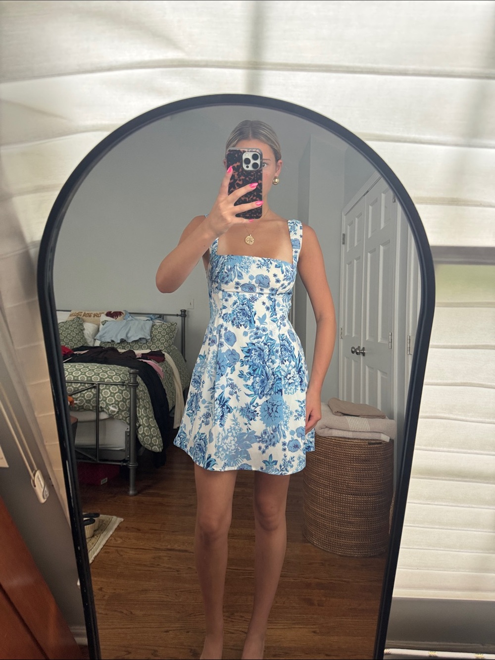 Floral Blue & White Mini Dress with Square Neck